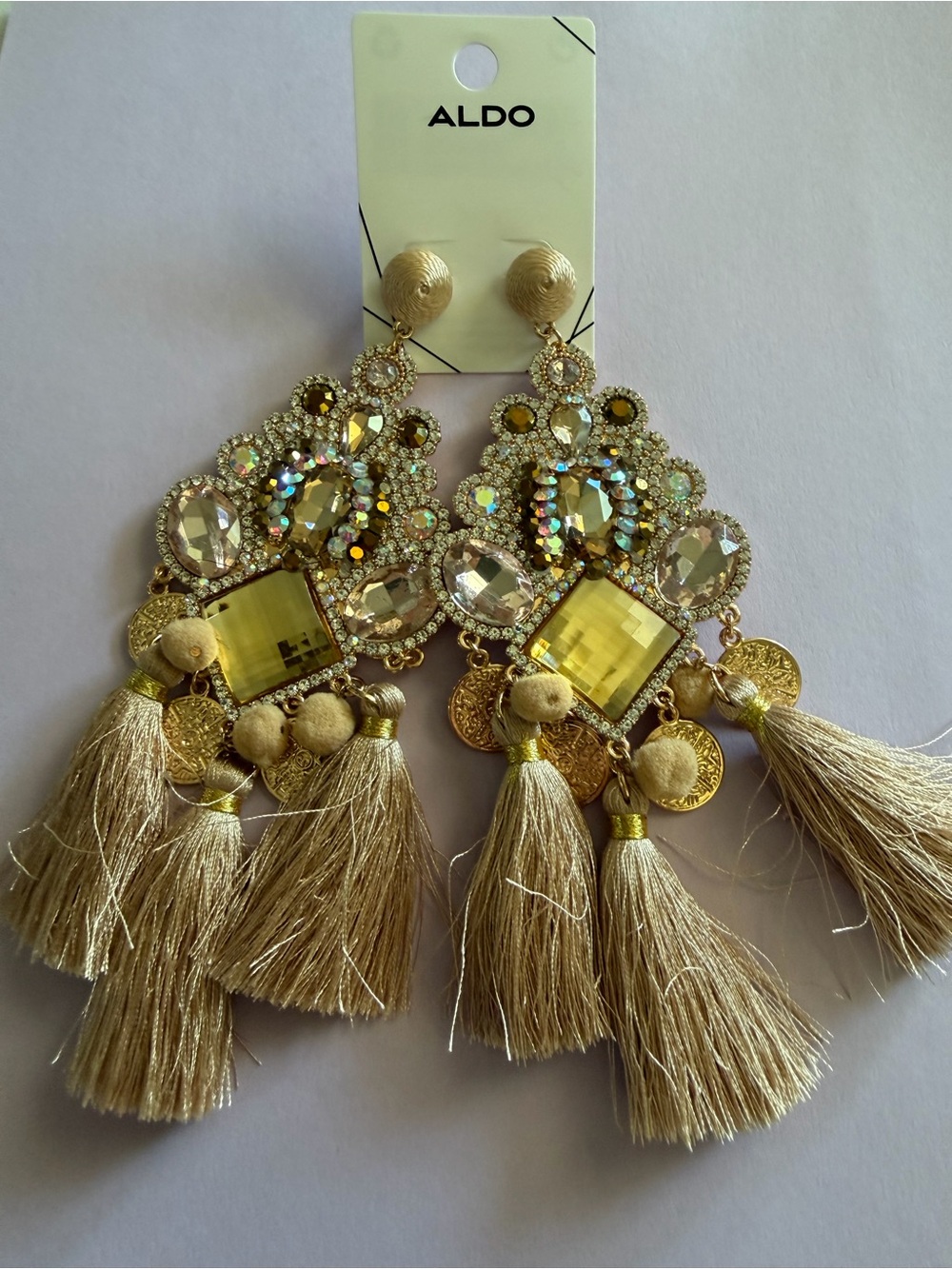 15cm. ALDO Gold Tassel Chandelier Earrings with Champagne and Yellow Crystals